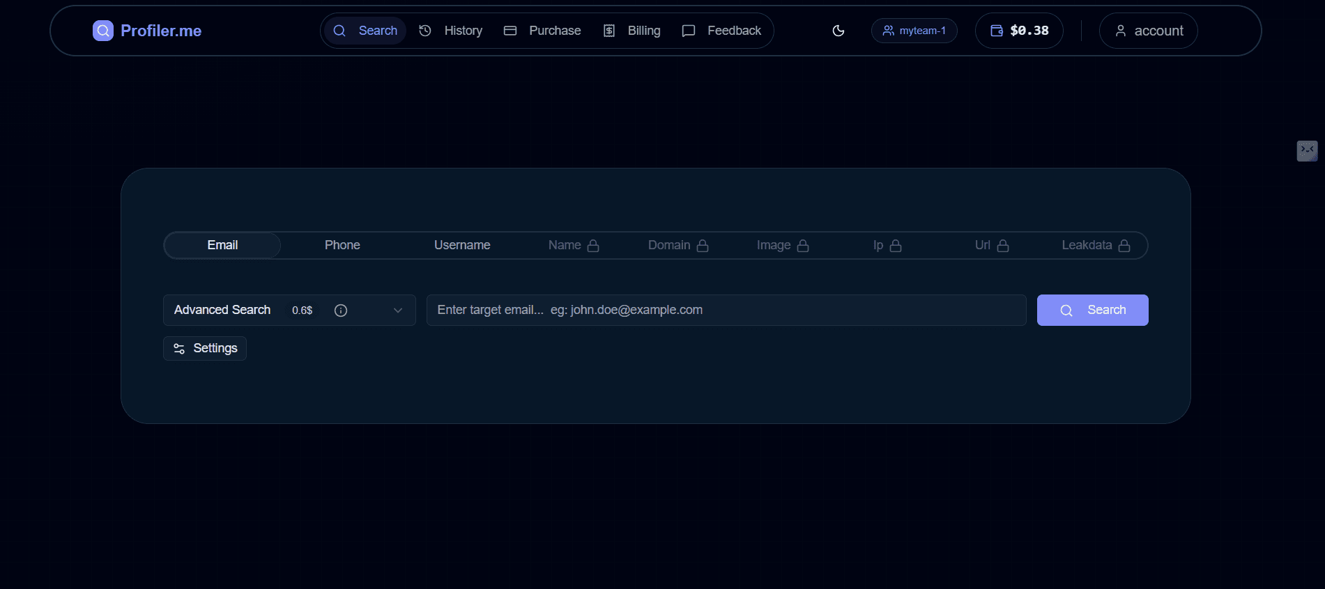 Profiler.me app — search interface with Email, Phone, Username and more